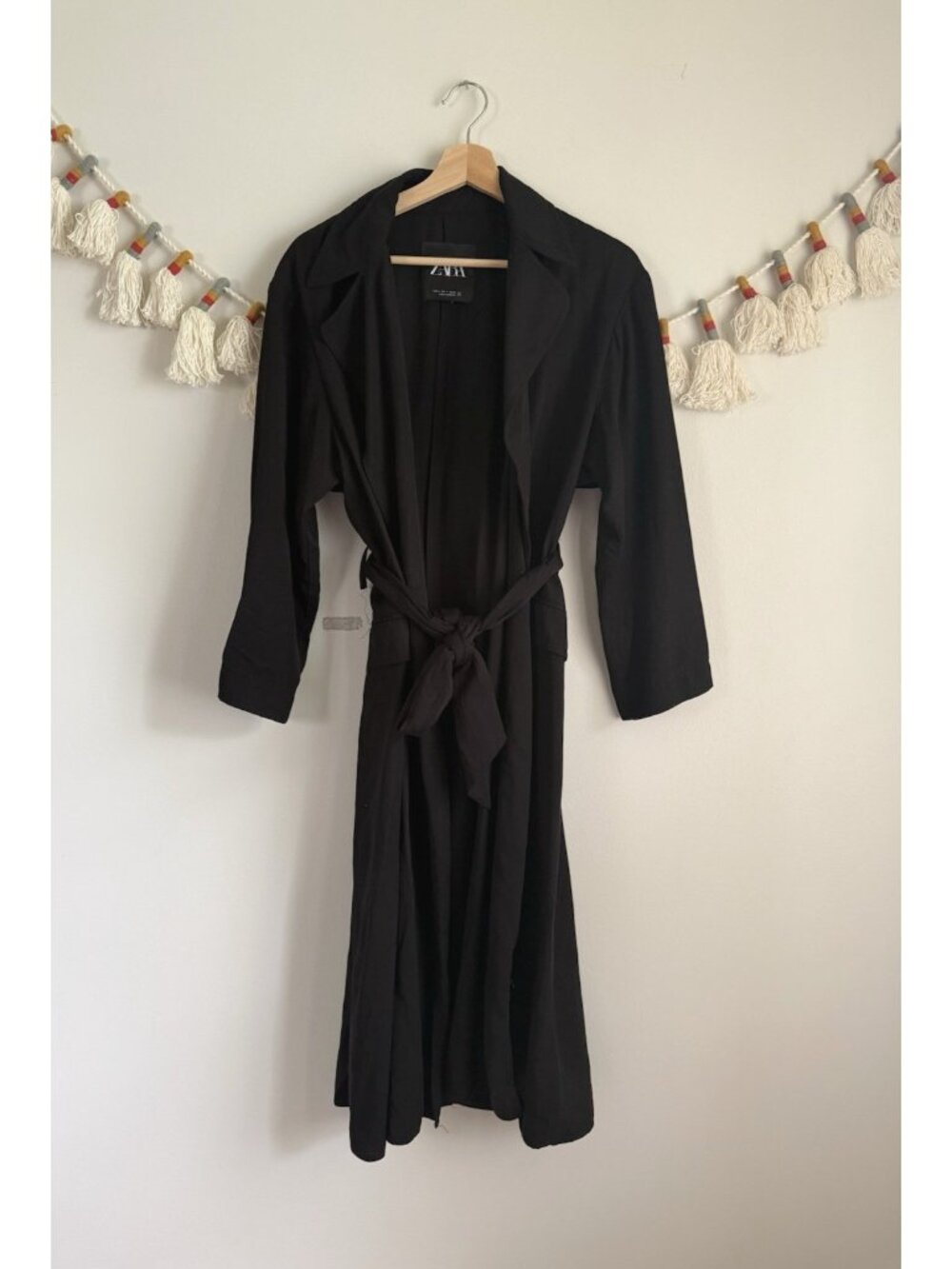 Zara Black Belted Trench Longline Open Front Coat Modest Minimalist Relaxed S